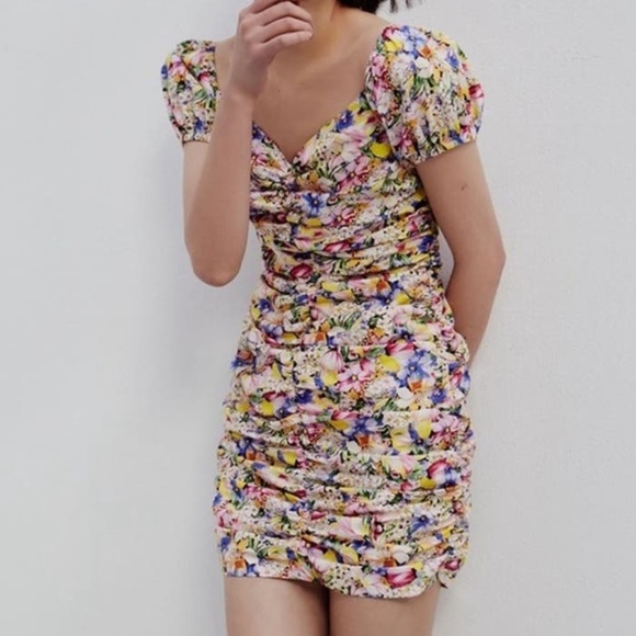 NWT Zara Size S Floral Ruched Mesh Short Sleeve Dress - Picture 4 of 8